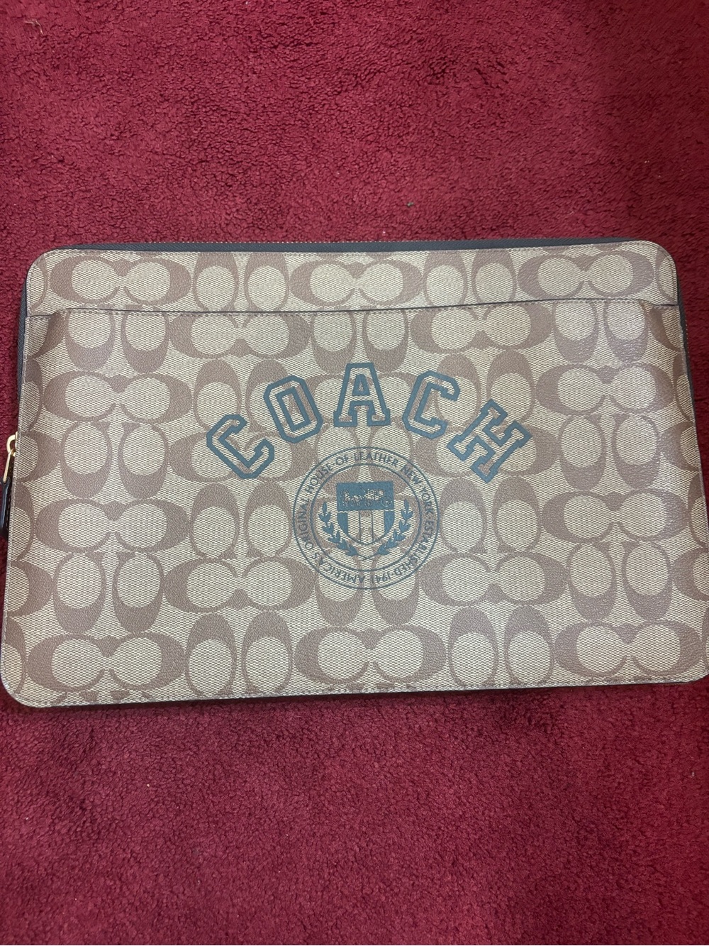 Coach Tan Signature Canvas Laptop Sleeve with Blue Logo